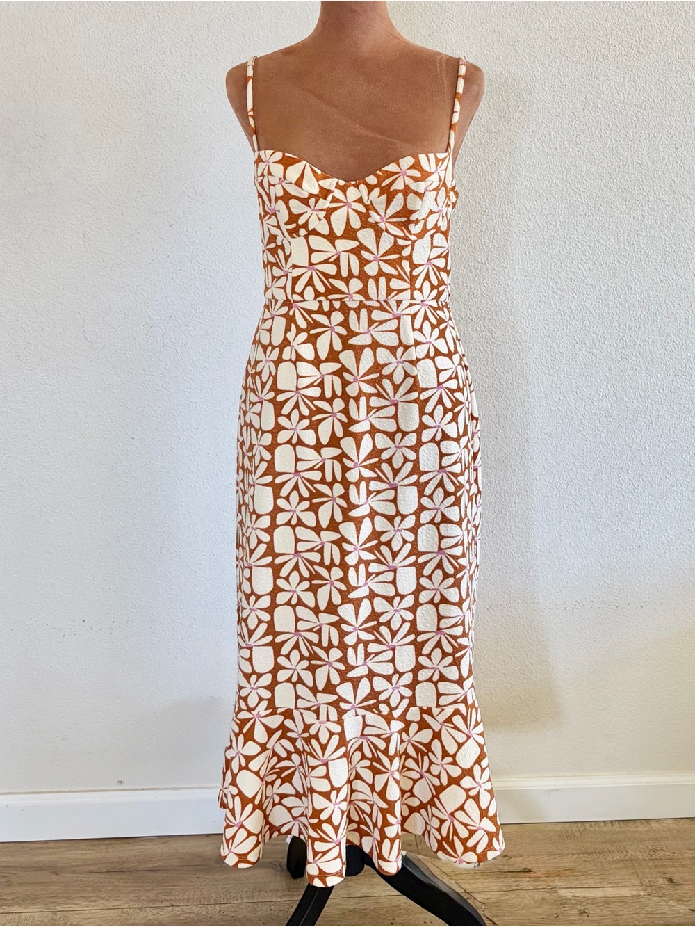 Anthropology White & Tan Floral Midi Dress